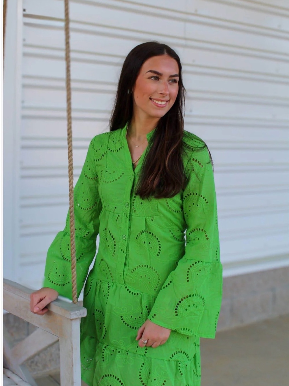Cotton Green Eyelet Romantic Boho Hi Low Hem Dress Sz M Jillian Harris Style